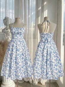 SHEIN MOD Plus Size Women's Summer Beach Vacation Floral Print Ruched Bust Tie-Waist Halter Dress - Blue and White - View 2