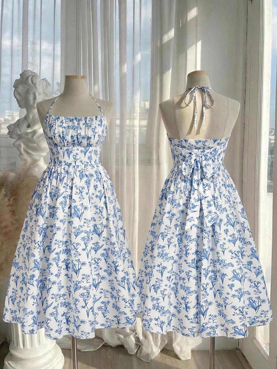 SHEIN MOD Plus Size Women's Summer Beach Vacation Floral Print Ruched Bust Tie-Waist Halter Dress