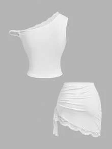 SHEIN MOD 女款蕾絲針織不對稱單肩裙與無袖打結上衣 T-shirt 兩件套 - 白色 - 查看 12