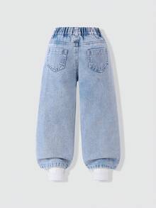 Genkimix Kids Jeans en denim à jambe droite ample pour filles, denim bleu clair délavé, décoré de nœuds en broderie de serviette rose avec des accents de perles au centre, convient pour toutes les saisons, peut être associé à des t-shirts, des sweats-shirts ou des tricots, idéal pour l'école quotidienne, les sorties au parc ou les réunions familiales et autres occasions décontractées - Jean clair - Voir 2