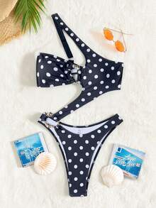 SHEIN Swim 女款波點金屬裝飾百褶單肩連身泳衣，適合海灘度假、泳池派對、海灘派對 - 黑與白 - 查看 4