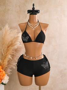 Swim Mod Conjunto de 3 piezas de bikini para mujer con top triangular y braguita triangular, nuevo, negro, con patrón de mariposa y pedrería - Negro - Ver 4