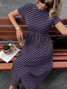 SHEIN Essnce Damen Große Größen Sommer Lässig Gestreiftes Kurzarm Kleid zum Ausgehen & Abschluss - Verschiedenfarbig - Übersicht 7