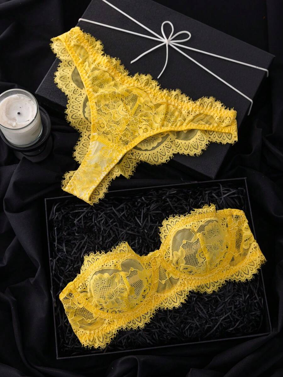 SHEIN Set Lingerie Renda Seksi Wanita 2 Potong untuk Sehari-hari - Kuning - View 1