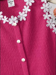 SHEIN Chaleco informal de niña con parches de unicolor, contraste de color y cinta floral tejida - Rosa Fucsia - Ver 7
