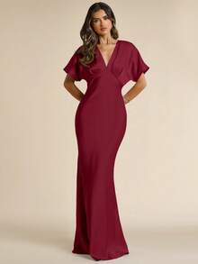 SHEIN BAE Robe élégante pour femme en satin bleu, col V profond, manches courtes, coupe sirène, printemps/été, robe de soirée, robe de cocktail, robe pour occasion formelle, robe de demoiselle d'honneur, robe pour fête d'anniversaire, robe de cocktail, robe bleue - Rouge foncé - Voir 4