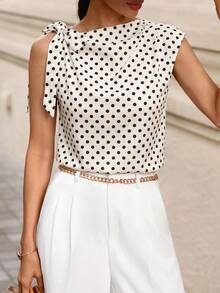 Editum Blusa sin mangas de satén plisado regular para mujer - Albaricoque - Ver 6