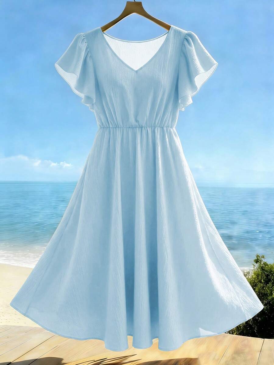 Franclia Plus Size Women's French Casual Safari Sexy Tropical Western Elegant Short Sleeve V-Neck Dress Beach Evening Vacation Baby Blue Summer - Sky Blue - View 1