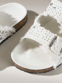 Solecia Sandal Kasual Wanita Ujung Bulat Berhiaskan Rhinestone dan Rumbai untuk Musim Panas - Krem - View 7