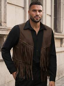 COMVAIL Plus Size Men's Western Style Fringe Design Vest Jacket - Coffee Brown - View 1