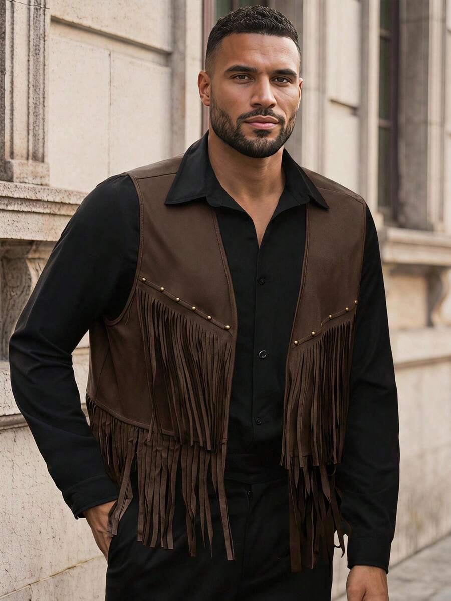 COMVAIL Plus Size Men's Western Style Fringe Design Vest Jacket - Coffee Brown - View 1