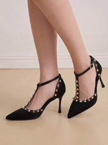 Eladyva Women's Black Studded T-Strap Stilettos - Ankle Buckle Pointed Toe Party Heels,Mothers Day Gift - Black - View 1