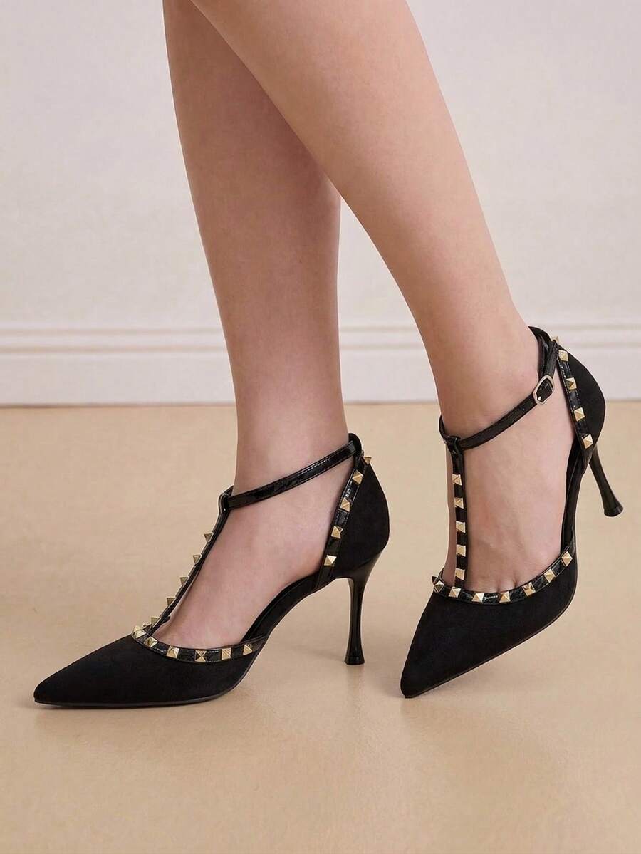 Eladyva Women's Black Studded T-Strap Stilettos - Ankle Buckle Pointed Toe Party Heels,Mothers Day Gift - Black - View 1