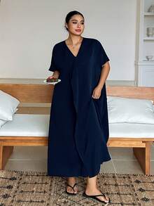 Dazy Plus Plus Size Women Solid Color Frill Trim Pullover Loose Long Nightgown Spring Summer Loungewear Dress Pajamas - Navy Blue - View 6