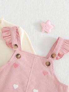 Cozy Pixies Baby Girl Solid Color Knit Soft Round Neck Long Sleeve Pullover Top And Heart Embroidered Pattern Suspender Short Dress 2 Pieces Cute Ruffled Pink Set - Pink - View 3
