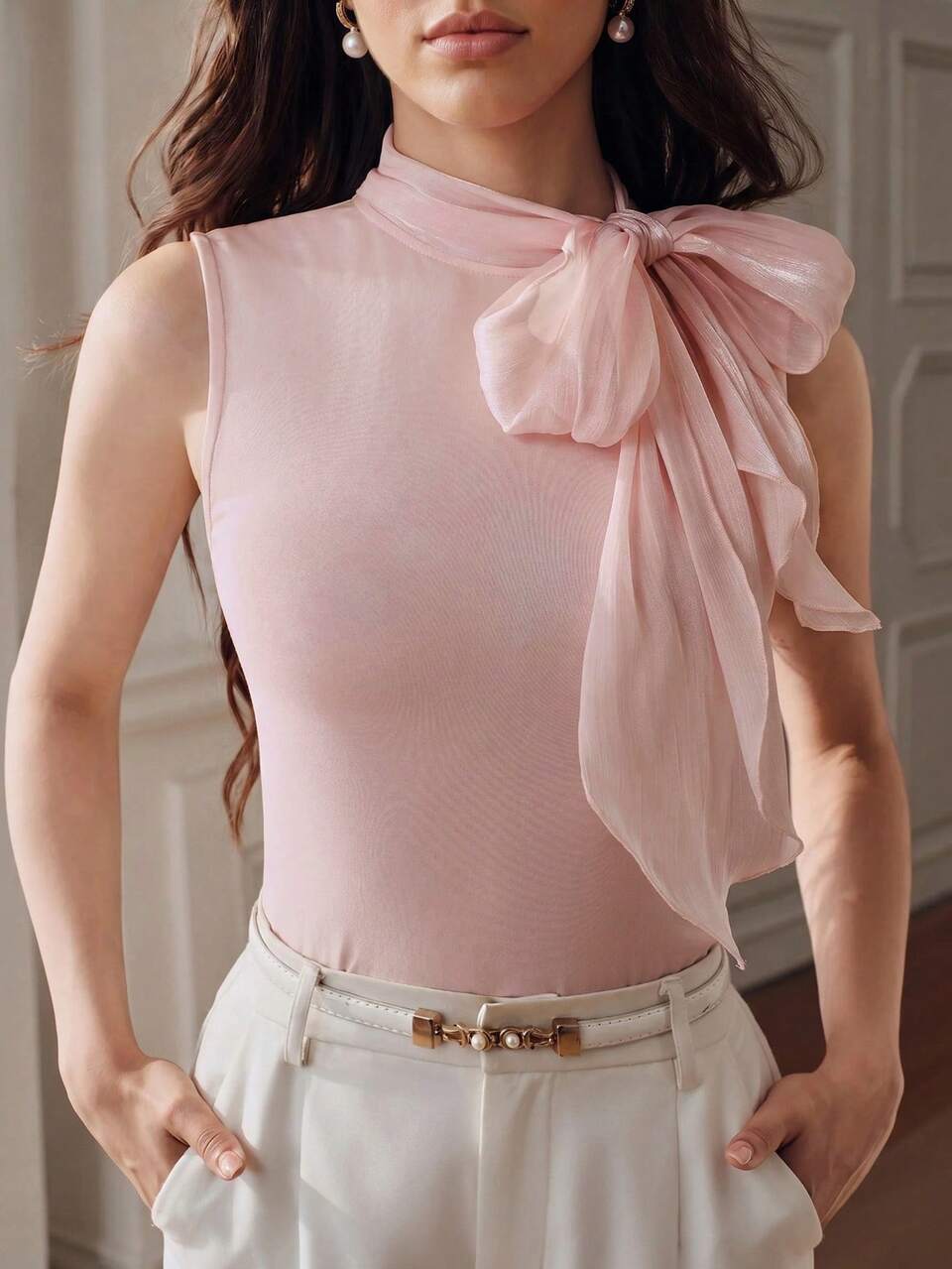 Anewsta Women's Spring/Summer Elegant Ribbon French Minimalist Halter Neck Fashion Knit Sleeveless Pink Tank Top, Spring/Summer Top Vest, Holiday