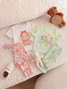 SHEIN Bộ 4 món đồ ngủ cho bé gái, họa tiết gấu hoạt hình dễ thương và hoa, cổ tròn, tay ngắn, viền bèo nhún, chất liệu dệt kim, thoải mái. - Nhiều màu - Xem 3