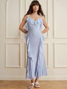 Revavyn Long Dress Slim Fit High Waist Chiffon Spaghetti Straps V Neck Draped Ruffles Elegant Romantic Blue Plain Elegant Dresses For Party Summer Holiday - Blue - View 7