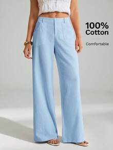 SHEIN Tall 100%水洗棉低腰直筒長褲 - 淺藍色 - 查看 4