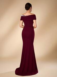 Serin Elegant Formal Burgundy Elastic Knit Off-Shoulder Asymmetrical Pleated Mermaid Bridal Mother Dress Spring Wedding Dinner Evening - Burgundy - View 5