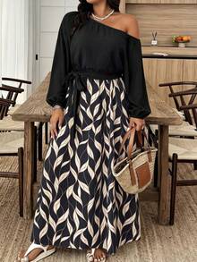 Weeklong Plus Size Women's Spring/Summer Asymmetric Neckline Long Sleeve Cinched Cinched Waist-Up Matching Print A-Line Casual Vacation Dress Fall - Multicolor - View 1