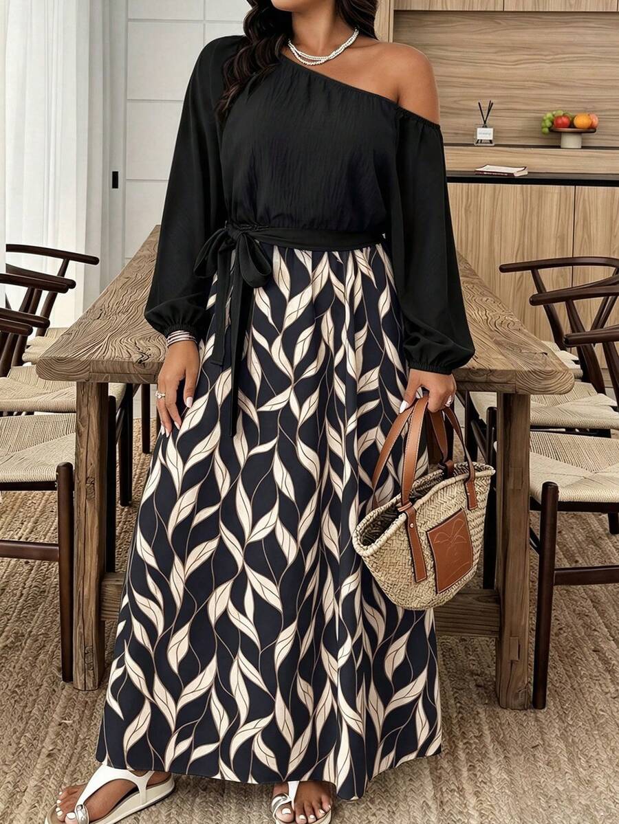 Weeklong Plus Size Women's Spring/Summer Asymmetric Neckline Long Sleeve Cinched Cinched Waist-Up Matching Print A-Line Casual Vacation Dress Fall - Multicolor - View 1