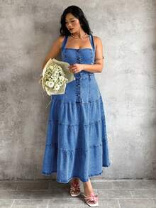 Sunnyshic Plus Size Women's Button Ruched Casual Daily Denim Dress - Blue - View 1