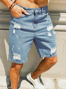 Manfinity Roughcore Men's Street Style Casual Distressed Blue Plus Size Denim Shorts, Holiday - Light Wash - View 4