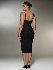 Nuvra Bandage Fabric Slim Fit Sexy Mid-Length Design Proportion-Enhancing Banquet Style Plus Size Dress - Black - View 2
