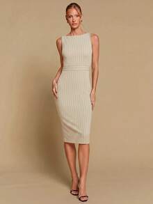 COSMINA Women's Elegant Striped Cinched Waist Mid-Length Dress, Versatile For Office, Commute And Everyday Wear, All Season - Apricot - View 6