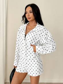 SHEIN PETITE Women's Fashion Polka Dot Print Zipper Front Long Sleeve Jacket And Shorts 2-Piece Set - Black and White - View 7