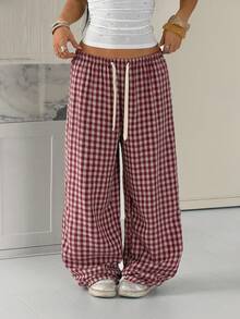 StreetHx Petite Celana Panjang Wanita Motif Kotak-kotak Merah dengan Tali Serut di Pinggang dan Potongan Lebar, Model Longgar - Burgundy - View 4