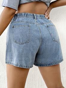 Elaquor Shorts de mezclilla de cintura alta para tallas grandes, shorts estilo mamá - Lavado ligero - Ver 2