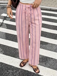 SHEIN Frenchy 休閒極簡風粉色仿紋理直條紋度假風女款七分寬腿長褲，適合春夏度假 - 彩色 - 查看 6