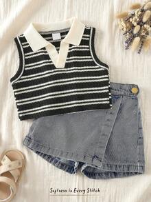 Cozy Pixies 女嬰幼兒女童條紋 Polo 無袖背心套頭上衣、不對稱開衩裙褲套裝、條紋短褲裙 2 件組、牛仔短褲裙套裝 - 黑色 - 查看 1