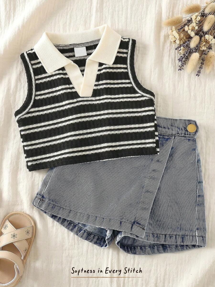 Cozy Pixies 女嬰幼兒女童條紋 Polo 無袖背心套頭上衣、不對稱開衩裙褲套裝、條紋短褲裙 2 件組、牛仔短褲裙套裝 - 黑色 - 查看 1