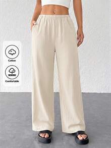 SHEIN PETITE Pantalones anchos sueltos de textura simple para mujer - Albaricoque - Ver 1