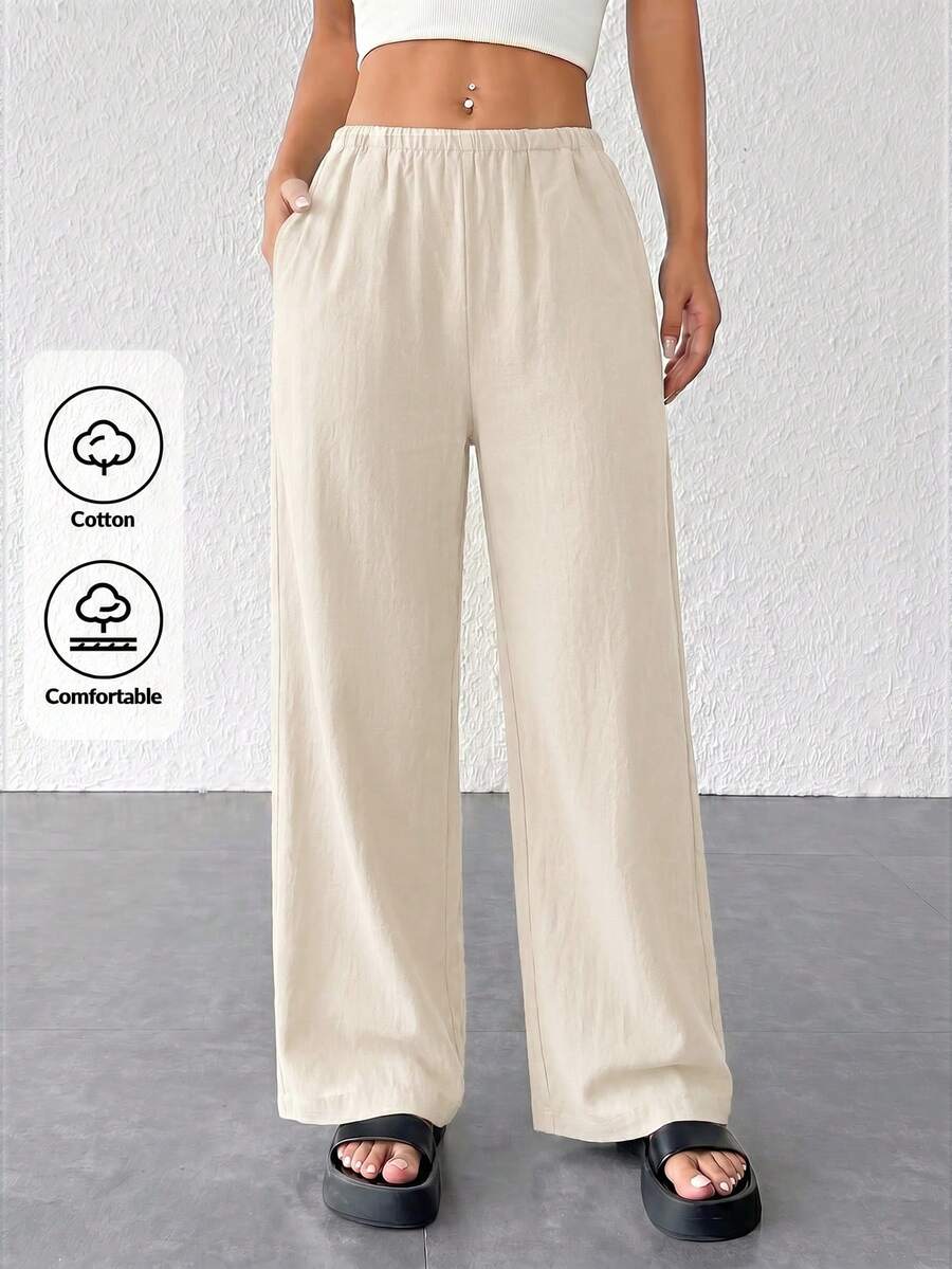 SHEIN PETITE Pantalones anchos sueltos de textura simple para mujer - Albaricoque - Ver 1