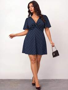 Enliva Vestido casual de vacaciones con estampado de lunares y nudo retorcido para tallas grandes - Azul - Ver 6