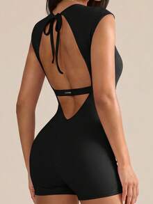 SHEIN BAE 純色露背修身運動連身褲 - 黑色 - 查看 5