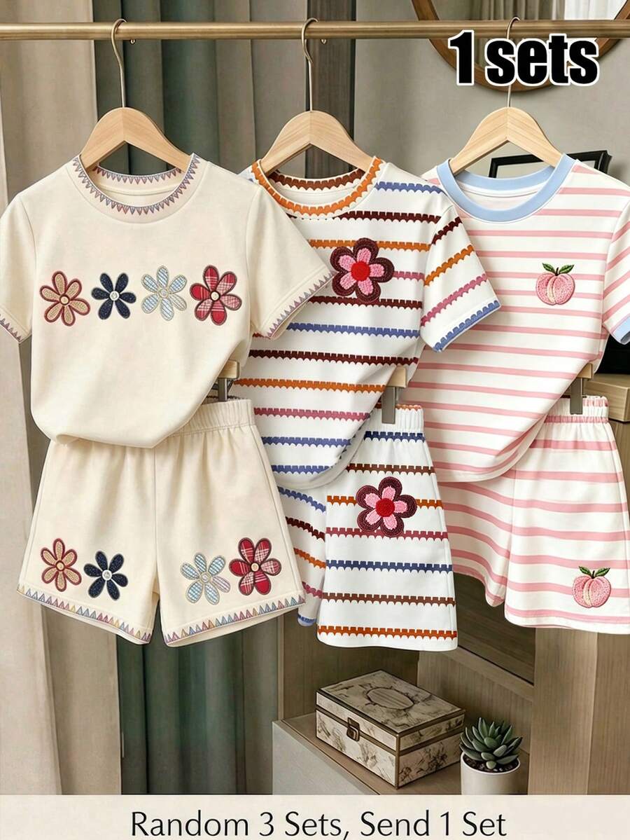 Souflis Souflis (3 Sets Aleatorios, Envía 1 Set) Conjunto Básico de Camiseta Corta & Shorts con Estampado de Patrón de Contraste en Rosa Melocotón y Azul con Bordado Floral Colorido Fresco para Niñas - Multicolor - Ver 1