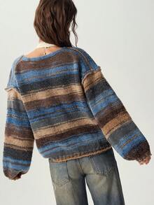 Bohemela Sweater Rajut Longgar Leher V Gradien Vintage - Lime Green - View 5