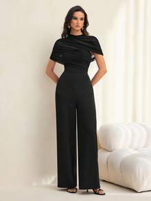 SHEIN Tall 純色立領網布拼接修身優雅短袖連身褲 - 黑色 - 查看 4