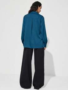 Aveloria Modichic French Commuter Style Loose Straight Fit Lapel Contrast Color Lace Trim 2 In 1 Satin Teal Blue Long Sleeve Blouse Elegant Casual Women's Shirt - Blue - View 4