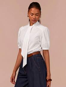 COSMINA Women's High Neck Tie Short Sleeve White Blouse Teachers' Day Office Work Summer Elegant French - White - View 3