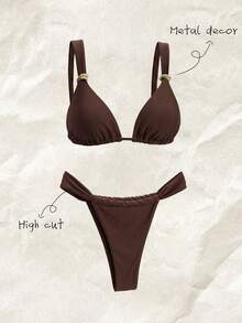 Elavelle Setelan Baju Renang Dua Potong Wanita Musim Panas untuk Pantai, Bikini dan Celana Dalam Segitiga dengan Dekorasi Logam Warna Polos - Hitam - View 1