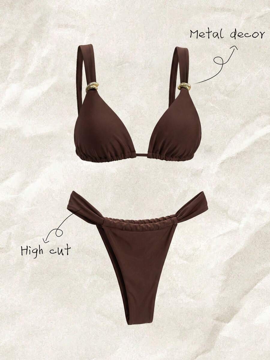 Elavelle Setelan Baju Renang Dua Potong Wanita Musim Panas untuk Pantai, Bikini dan Celana Dalam Segitiga dengan Dekorasi Logam Warna Polos - Hitam - View 1