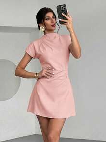 Aloruh Women's Ruched A-Line Mini Dress For Commuting,Summer Dresses For Women - Dusty Pink - View 4