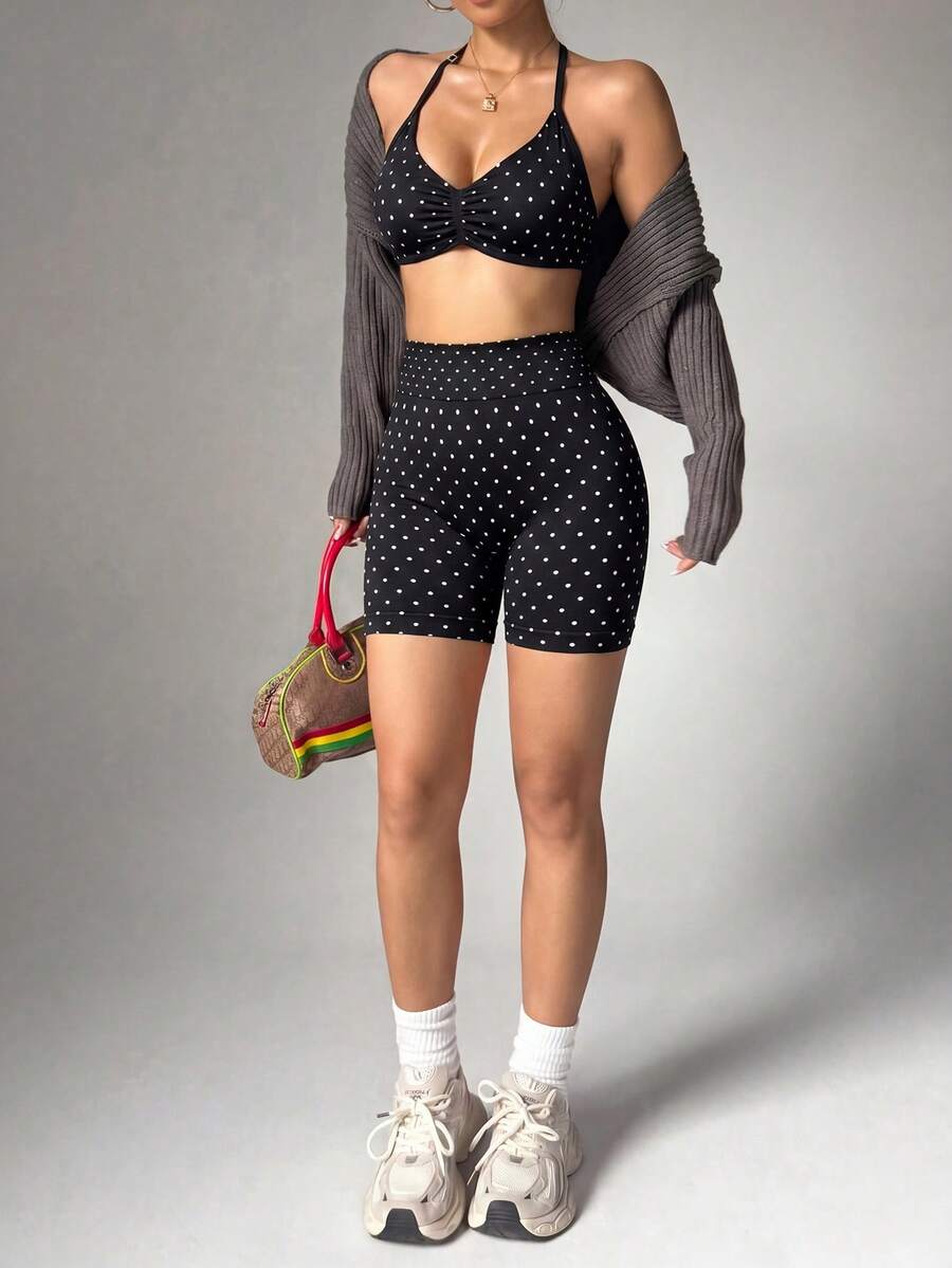 SHEIN Velisys 女款掛脖波點圖案時尚運動內衣 - 黑色 - 查看 1