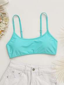 SHEIN Swim 女款純色海灘度假風泳衣上衣 - 淺藍色 - 查看 4